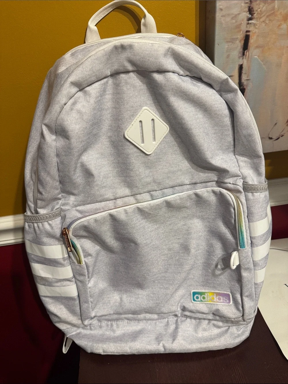 adidas Kids Light Gray Backpack with Rainbow Trim